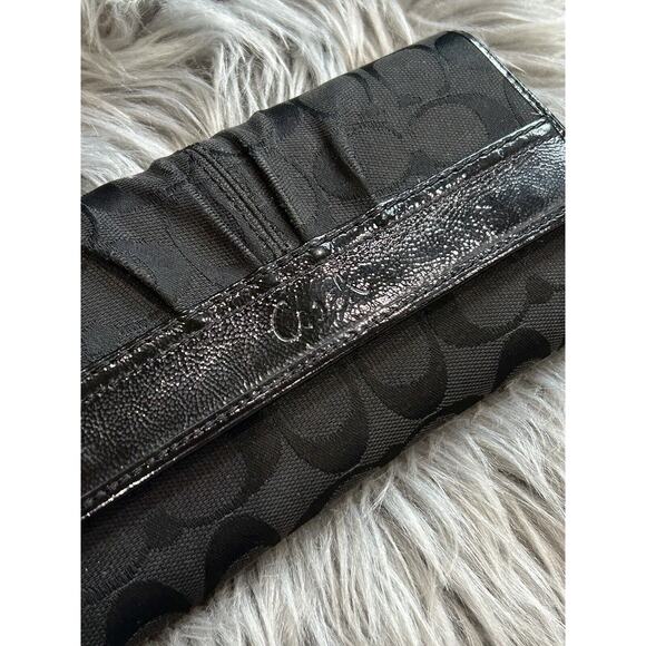 VTG COACH Black Signature 12CM Jacquard Patent Leather Trifold Clutch Wallet Set - Picture 1 of 9